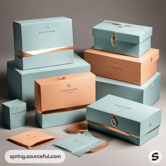 Assorted blue and peach gift boxes with ribbon details.