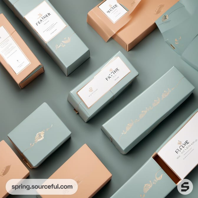 Flat lay of blue and beige rectangular boxes with minimalist design.
