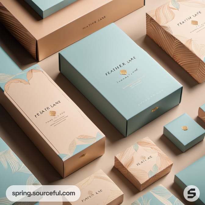 Blue and beige boxes with leaf patterns and matching graphics.