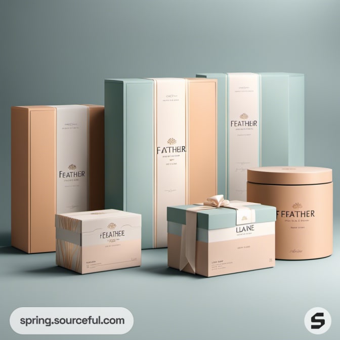 Assorted tall and short boxes in blue and beige hues.