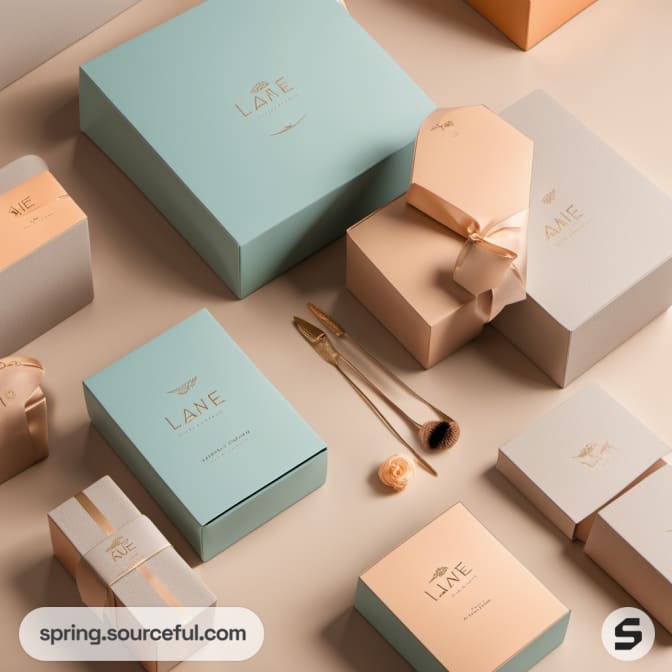 Blue and beige gift boxes with matching tags and ribbons.