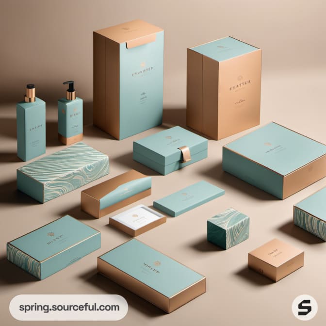 Blue and beige packaging with textured patterns and varied shapes.
