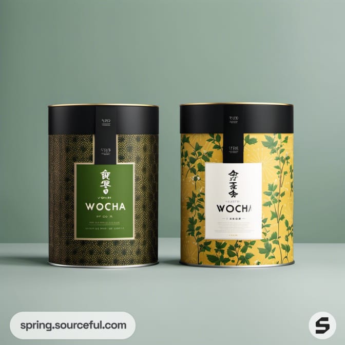 Green and yellow cylindrical tea tins with botanical design.