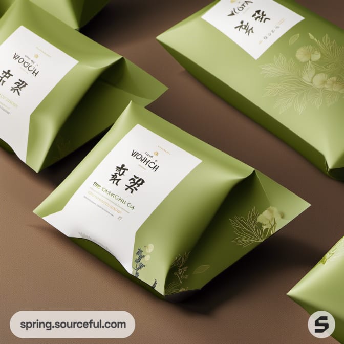 Green pillow-shaped packets with floral designs.