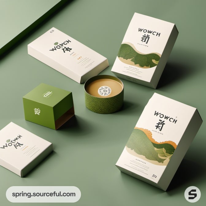 White boxes with green landscape designs, round tea package.