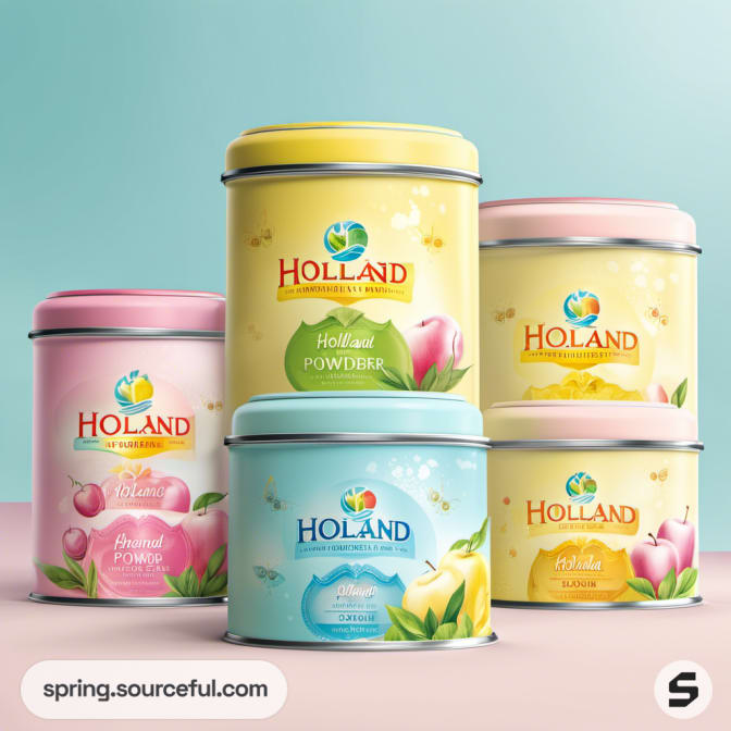 Assorted Holland tins featuring floral and fruit designs.