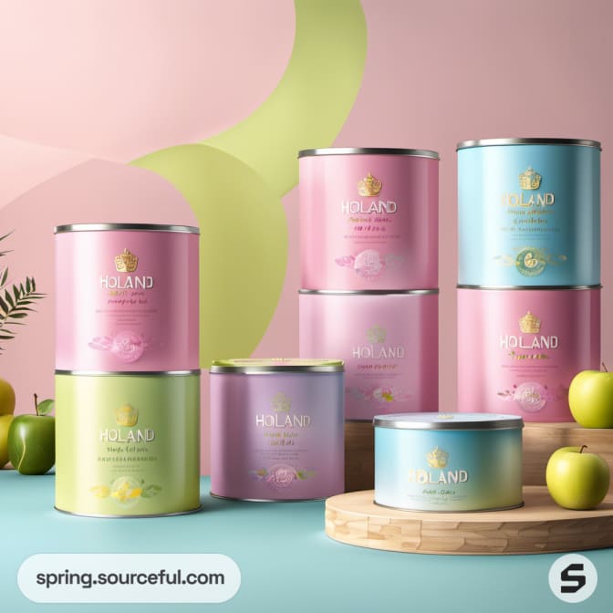 Various Holland tins stacked against a pink and green background.