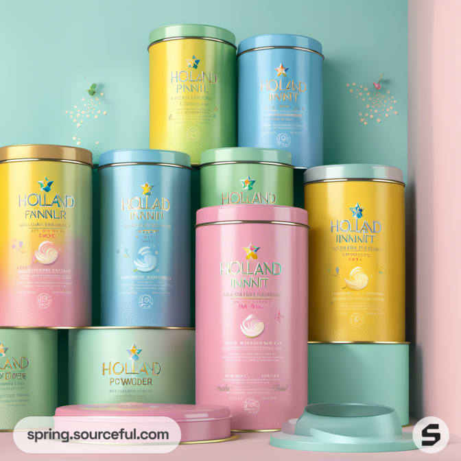 Pastel-colored cylindrical tins stacked with 'Holland Powder' label.