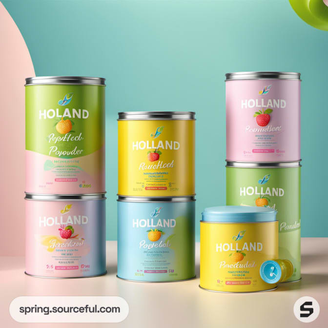 Mixed pastel tins of 'Holland' products against a colorful backdrop.