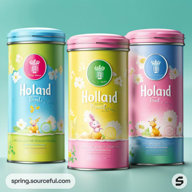 Three tall cylindrical tins with playful illustrations and vibrant colors.