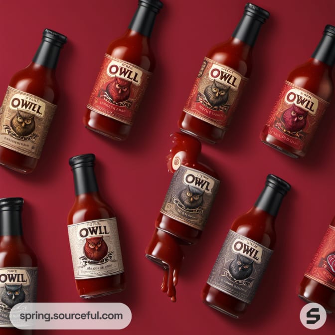 Assorted hot sauce bottles with owl-themed labels on a red background.