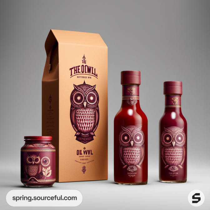 Owl-illustrated sauce bottles and jar with a matching carton box.