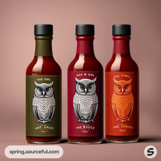 Three owl-themed sauce bottles with varying colors on a neutral background.