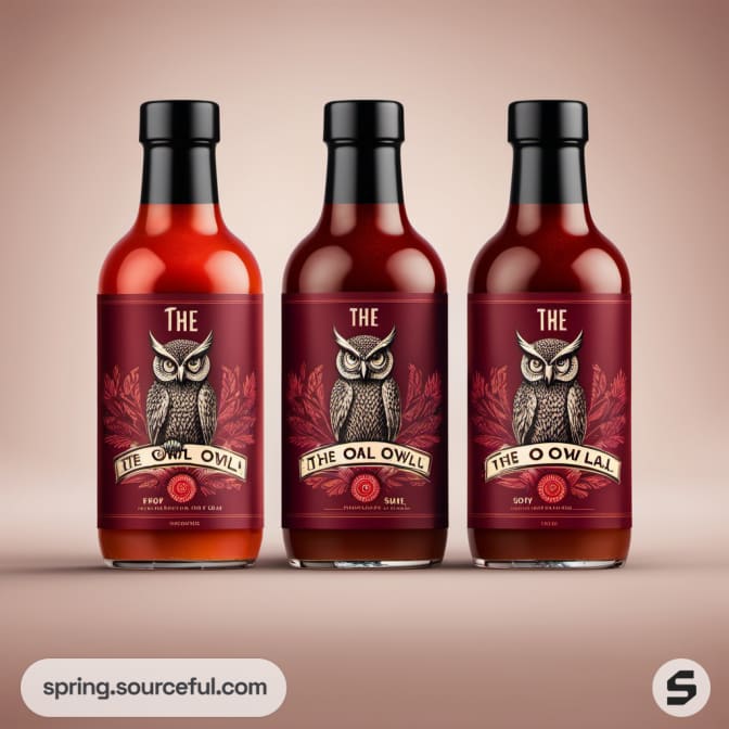 Three similar owl-themed hot sauce bottles with a beige background.