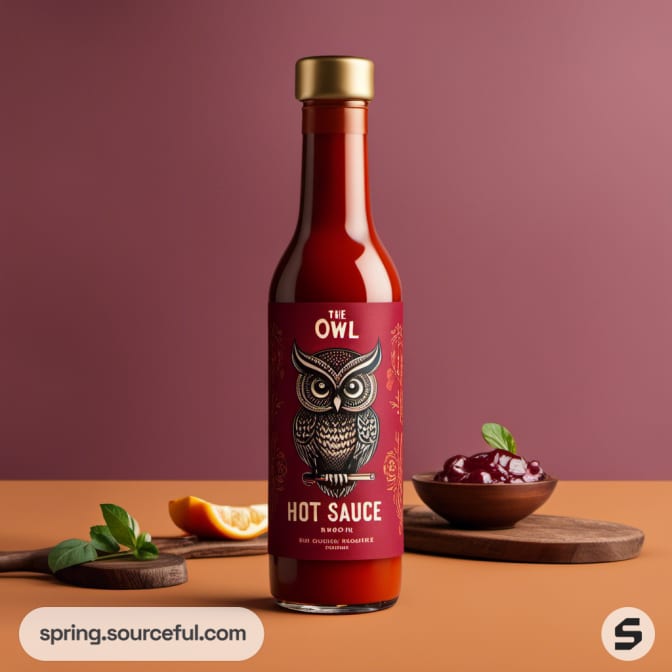 Single owl-themed hot sauce bottle and ingredients on a table.