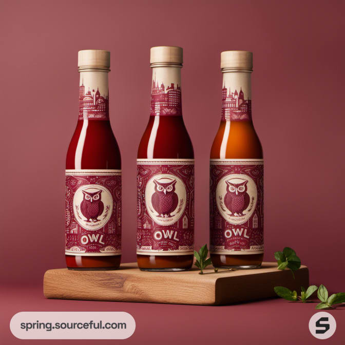Three owl-themed sauce bottles with detailed pink labels on a wood tray.