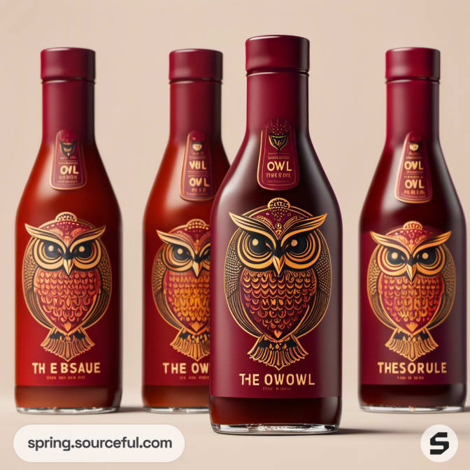 Four owl-themed dark red and amber sauce bottles with intricate labels.