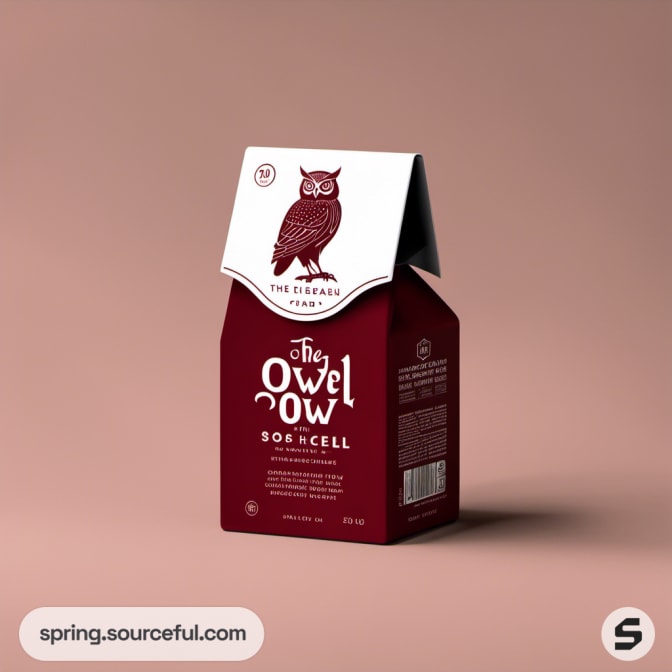 Owl-themed sauce carton box on a beige background.