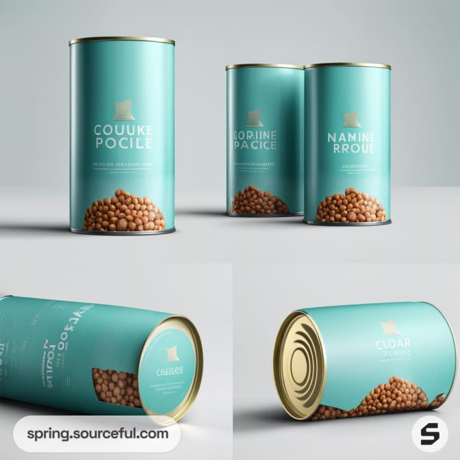 Tall cylindrical cans with teal labels and images of beans, featuring gold lids and silver bottoms, on a light background.