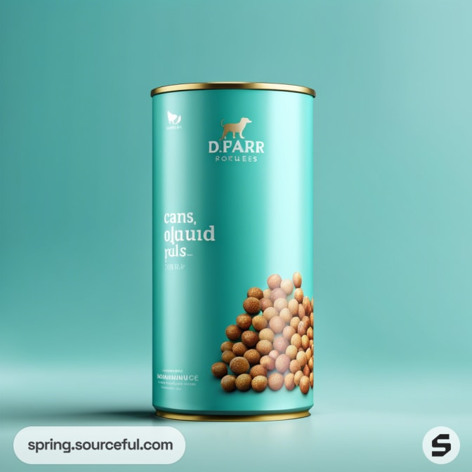 Cylindrical teal canister of pet food with image of food and golden edges on a teal background.