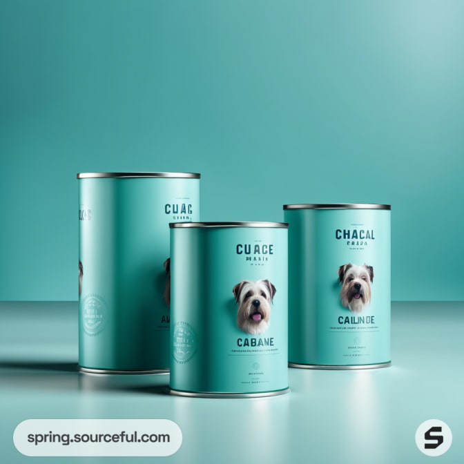 Three teal cylindrical pet food cans with dog illustrations on a teal background.