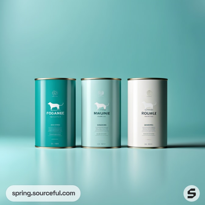 Three cylindrical tea tins in teal and white on a teal background.