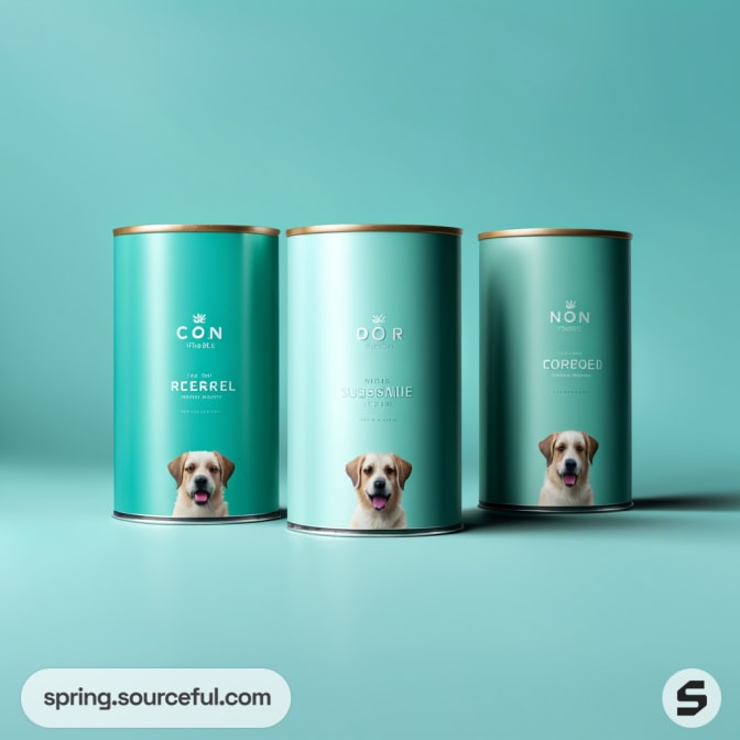 Cylindrical teal pet food cans with dog images and gold lids on a teal background.