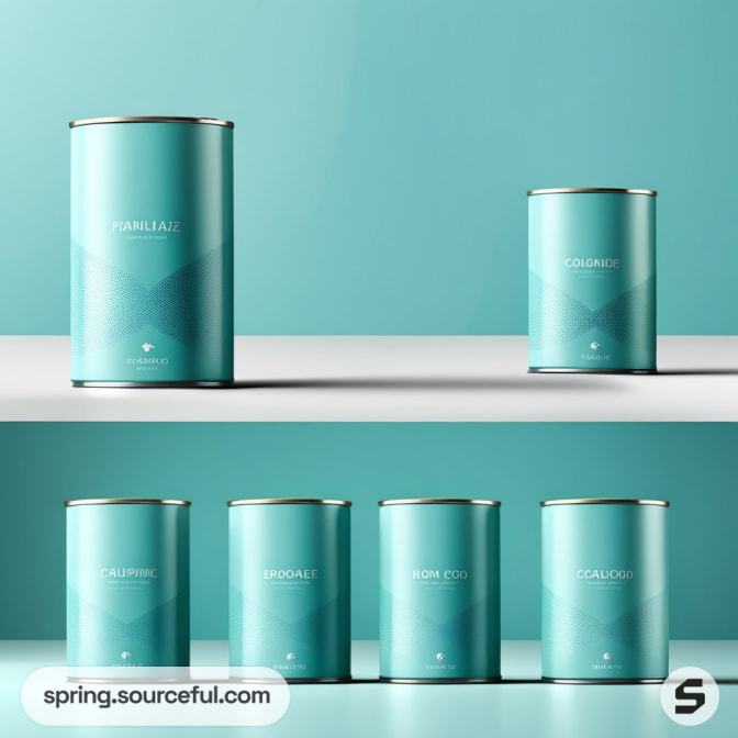 Mint green cylindrical tins with subtle patterns on a teal background.