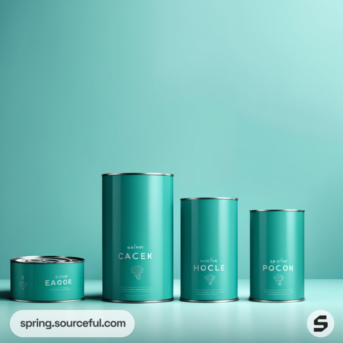 Set of green cylindrical tins with silver lids against a teal background.