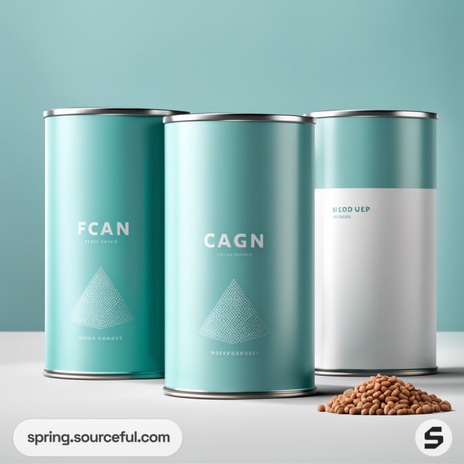 Cylindrical teal and white canisters with lids, containing granules, on a light teal background.