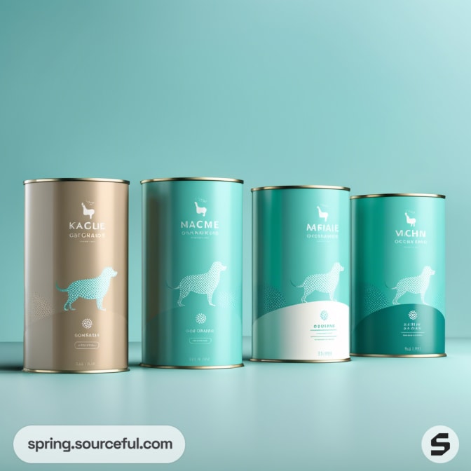 Four cylindrical food tins with teal and beige designs featuring a dog silhouette on a light teal background.