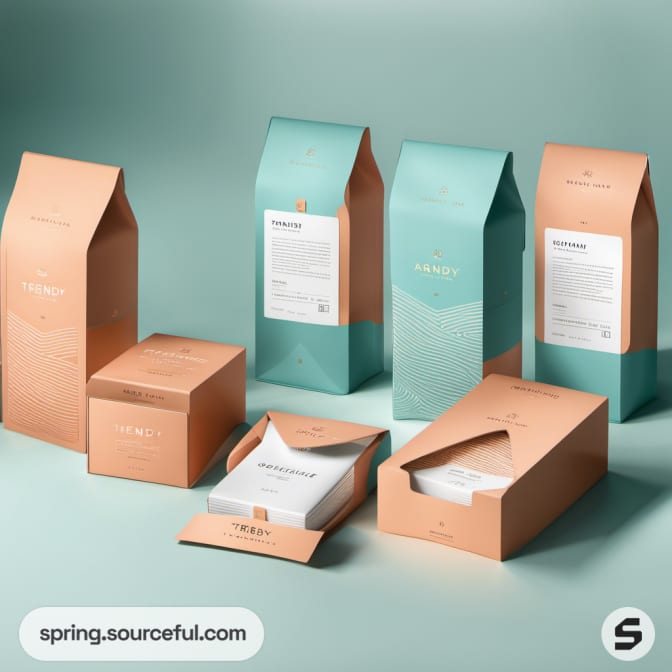 Two standing pouch boxes and two boxes with paper wrappers in teal and peach tones.
