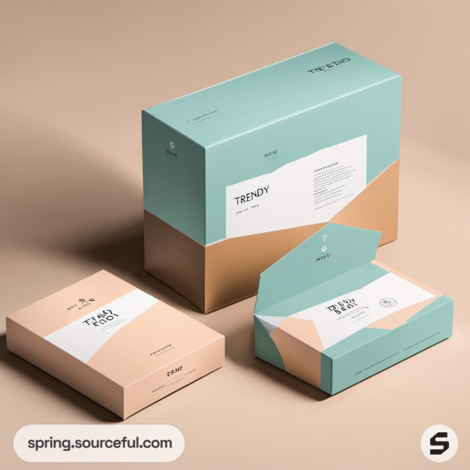 Peach and teal rectangular boxes and a triangular flap box with clean design.