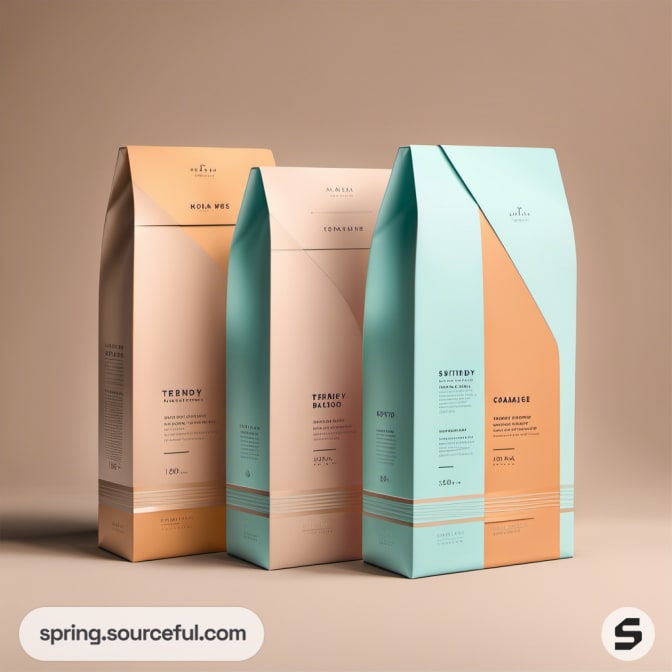 Three tall pouch boxes in peach and teal with minimalist labels.