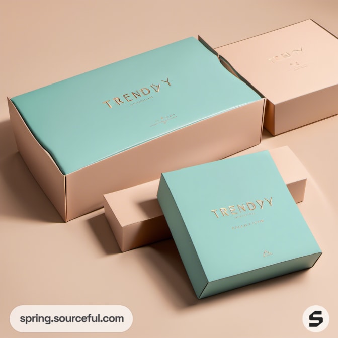 Rectangular teal and peach boxes with 'TRENDY' logo.