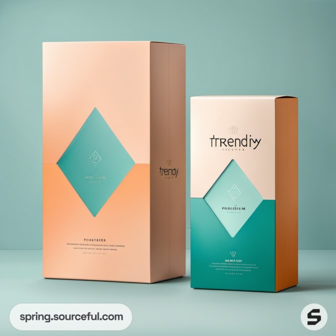 Two tall boxes in peach and teal with geometric designs.