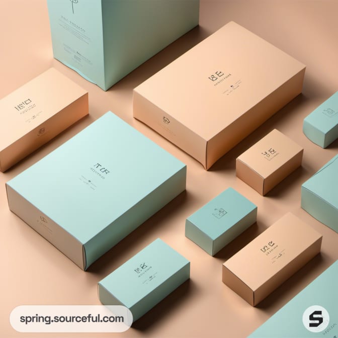 Various peach and teal boxes in minimalist style.