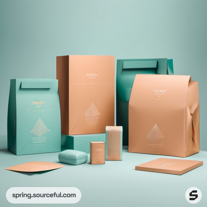 Peach and teal standing and flat boxes with angular designs.