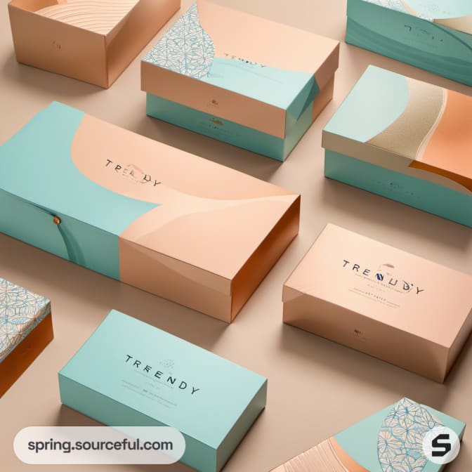 Rectangular boxes with artistic teal and peach patterns.