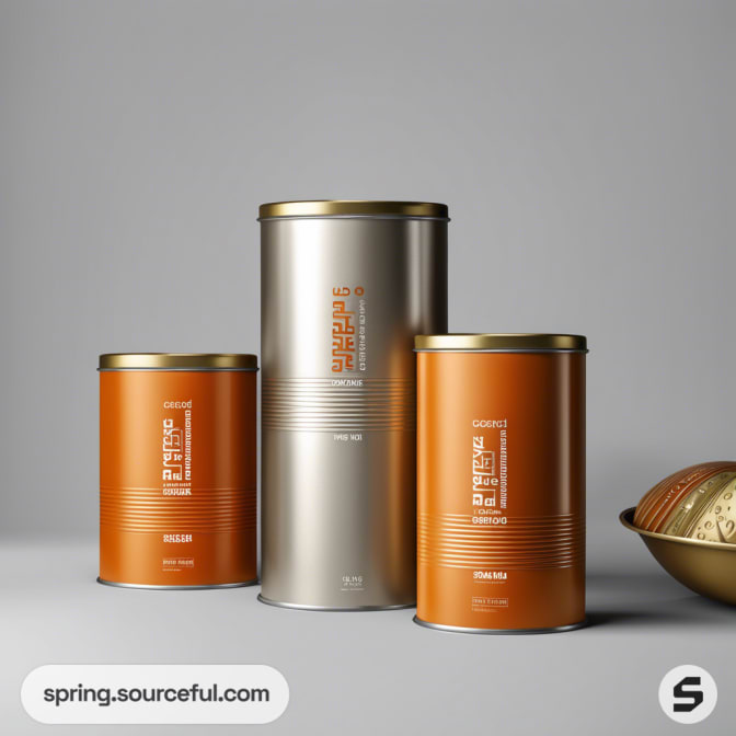 Three cylindrical metal tins with gold lids; two orange, one silver, on a gray background.