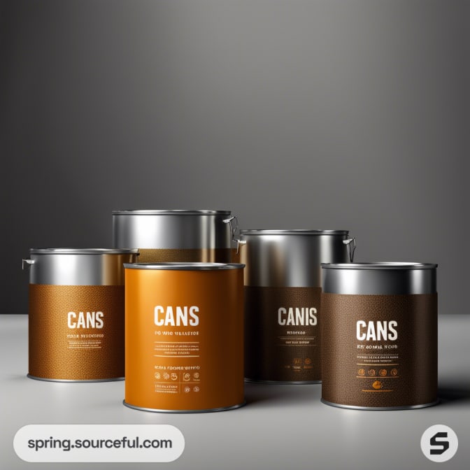 Five metal paint cans in silver, gold, and brown against a gray background.