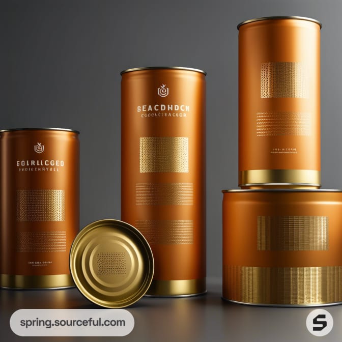 Four stackable, cylindrical orange cans with gold accents on a grey background.