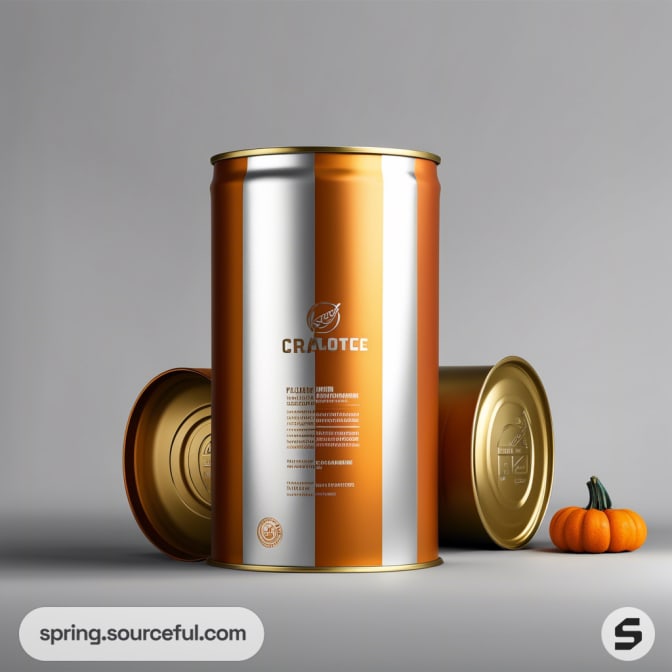 Tall cylindrical orange and silver tin can with a small pumpkin beside it on a gray background.