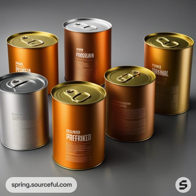 Assorted cylindrical cans with pull-tab tops in metallic colors with minimalist text.