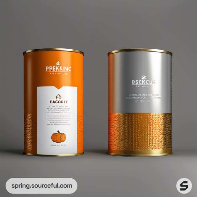 Two cylindrical containers with textured surfaces, one orange and one silver, on a grey background.