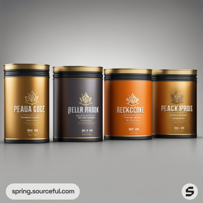 Four elegant canisters with gold and black labels, featuring different text, on a gradient background.