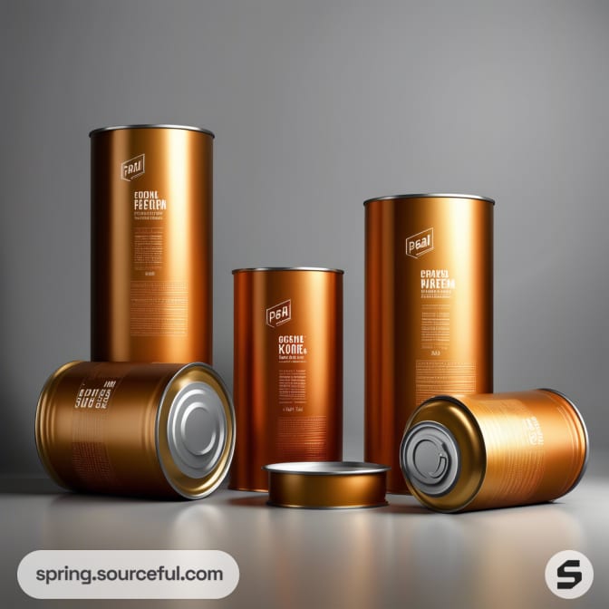 Collection of bronze cylindrical cans with minimalist labels on a gray background.