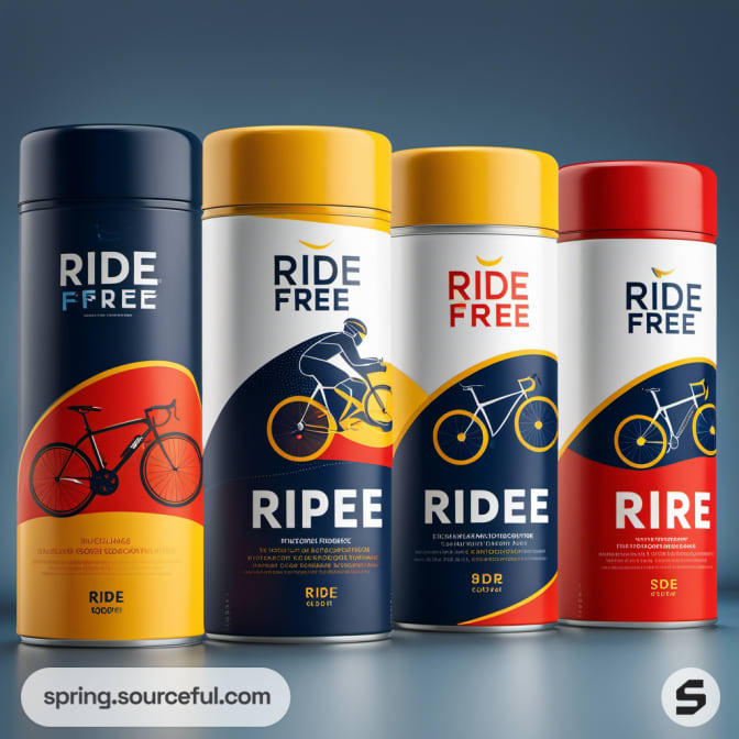 Cycling-themed beverage cans in dark blue, yellow, red designs.