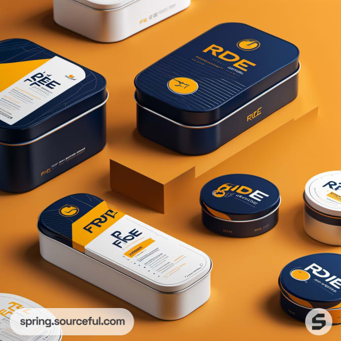 Variety of tins with Ride logo in navy, orange, white.
