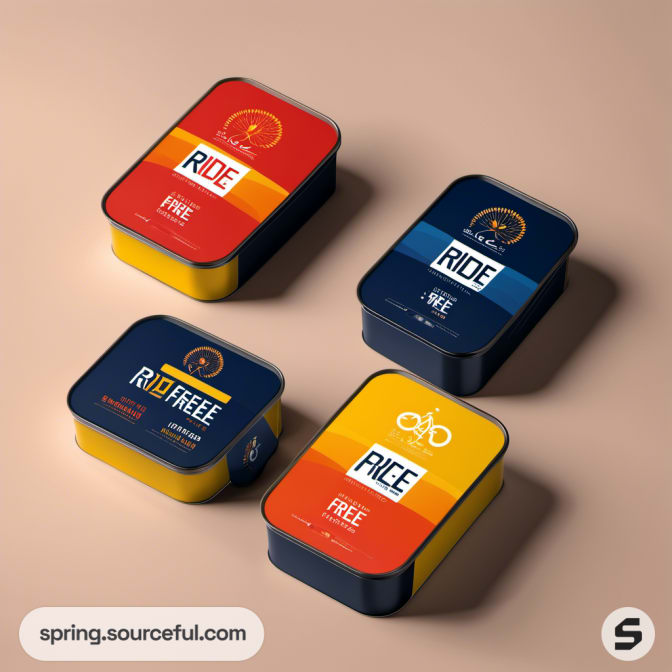 Square tins with Ride Free logos in red, yellow, navy, orange.